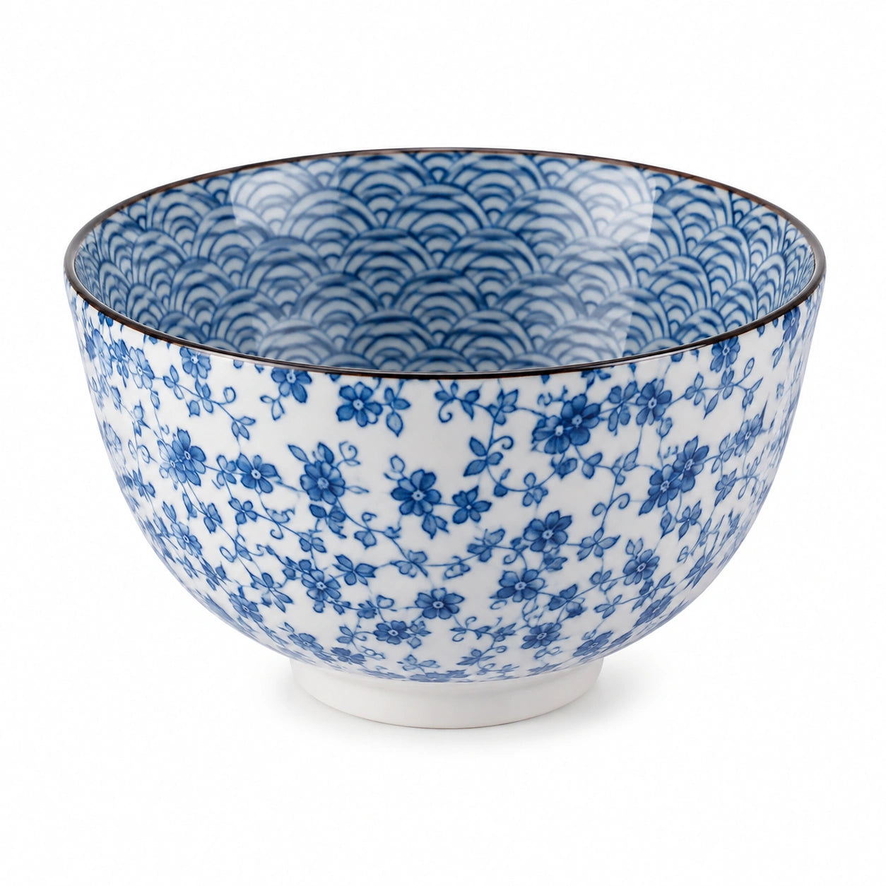 Ciotola in porcellana 18 cm blu e bianca con decoro floreale per servire
