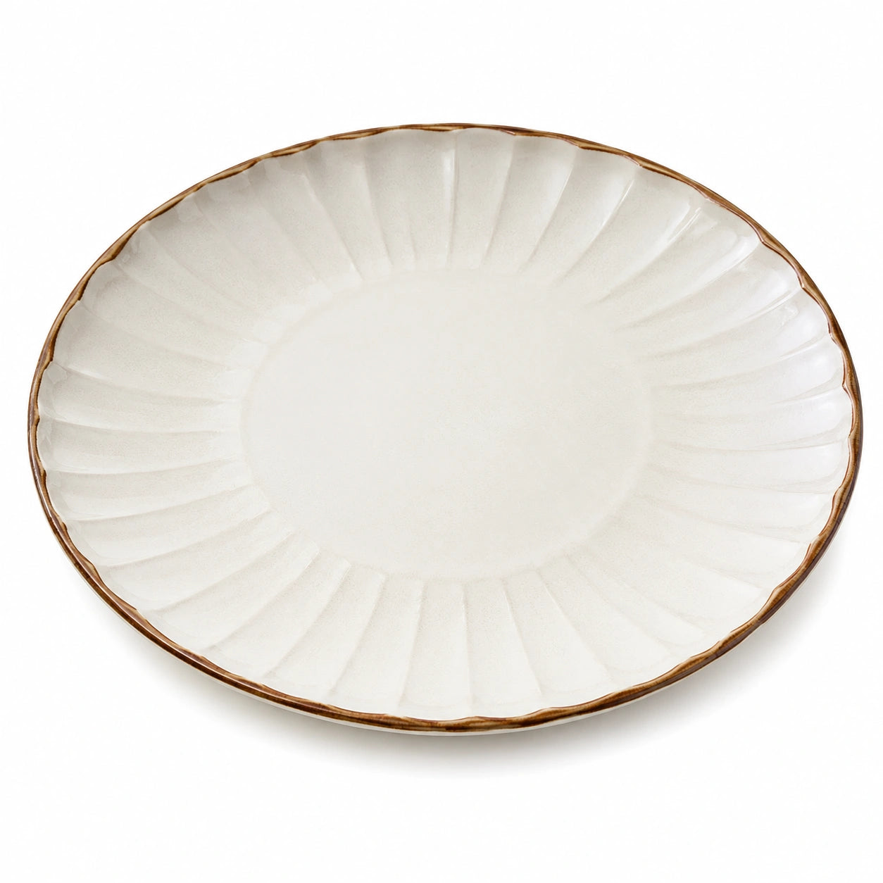 Piatto piano rotondo 26 cm in ceramica avorio con bordo marrone a rilievo