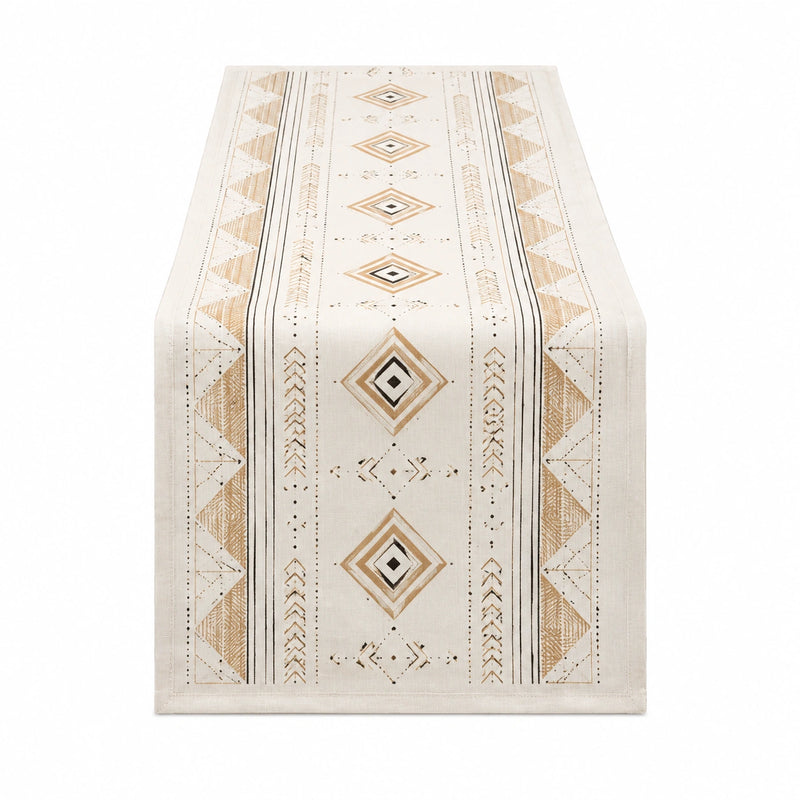 Runner da tavola 180 x 33 cm in tessuto beige con motivo geometrico stile boho