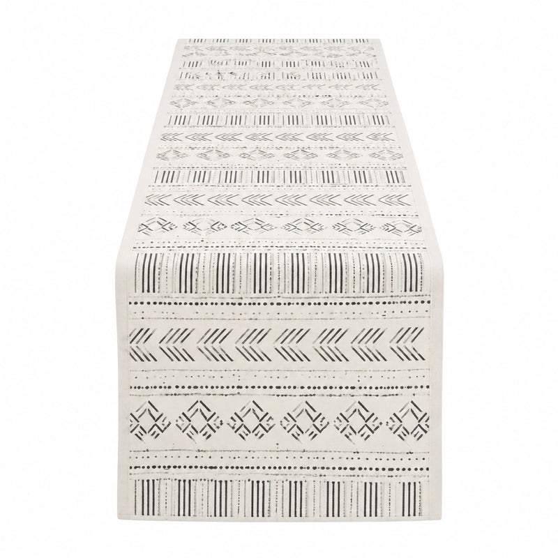 Runner da tavola 180 x 40 cm in tessuto beige e nero stile geometrico