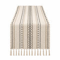 Runner da tavola 180 x 40 cm in tessuto beige/nero stile boho con frange