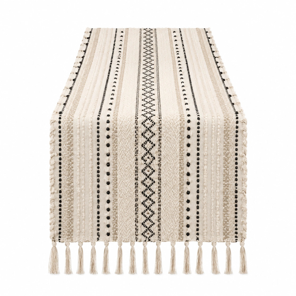 Runner da tavola 180 x 40 cm in tessuto beige/nero stile boho con frange