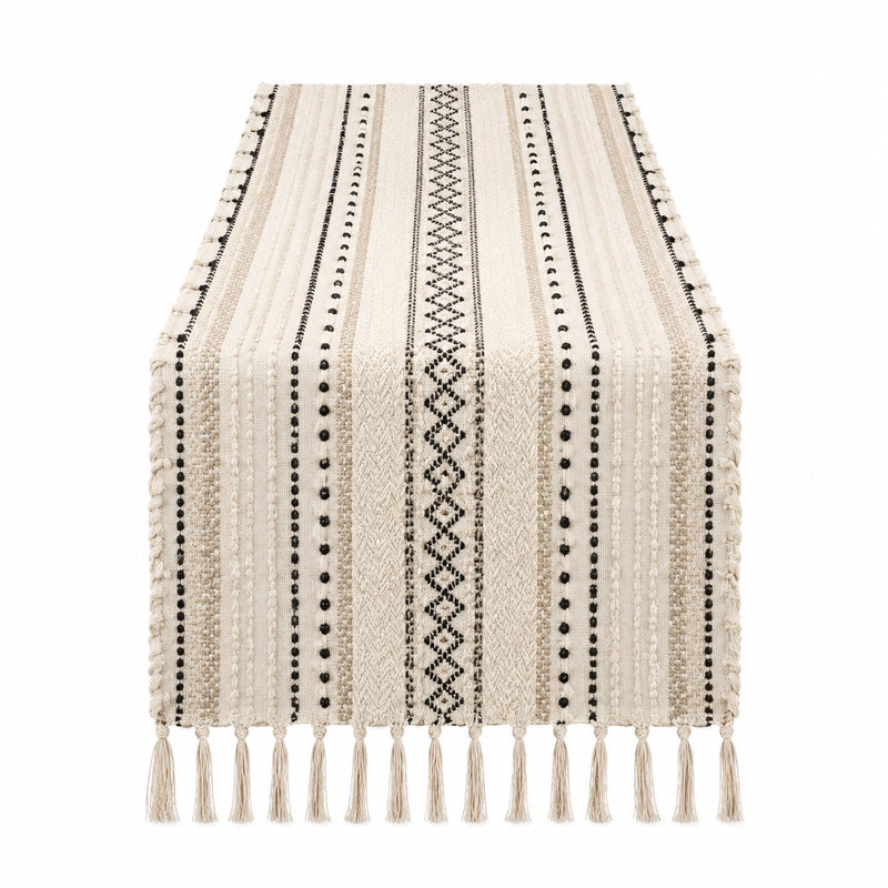 Runner da tavola 180 x 40 cm in tessuto beige/nero stile boho con frange