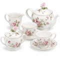 Servizio da tè in porcellana 7 pezzi bianco e rosa con decoro floreale