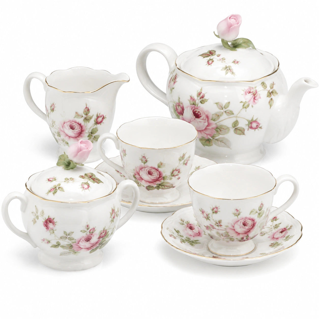 Servizio da tè in porcellana 7 pezzi bianco e rosa con decoro floreale
