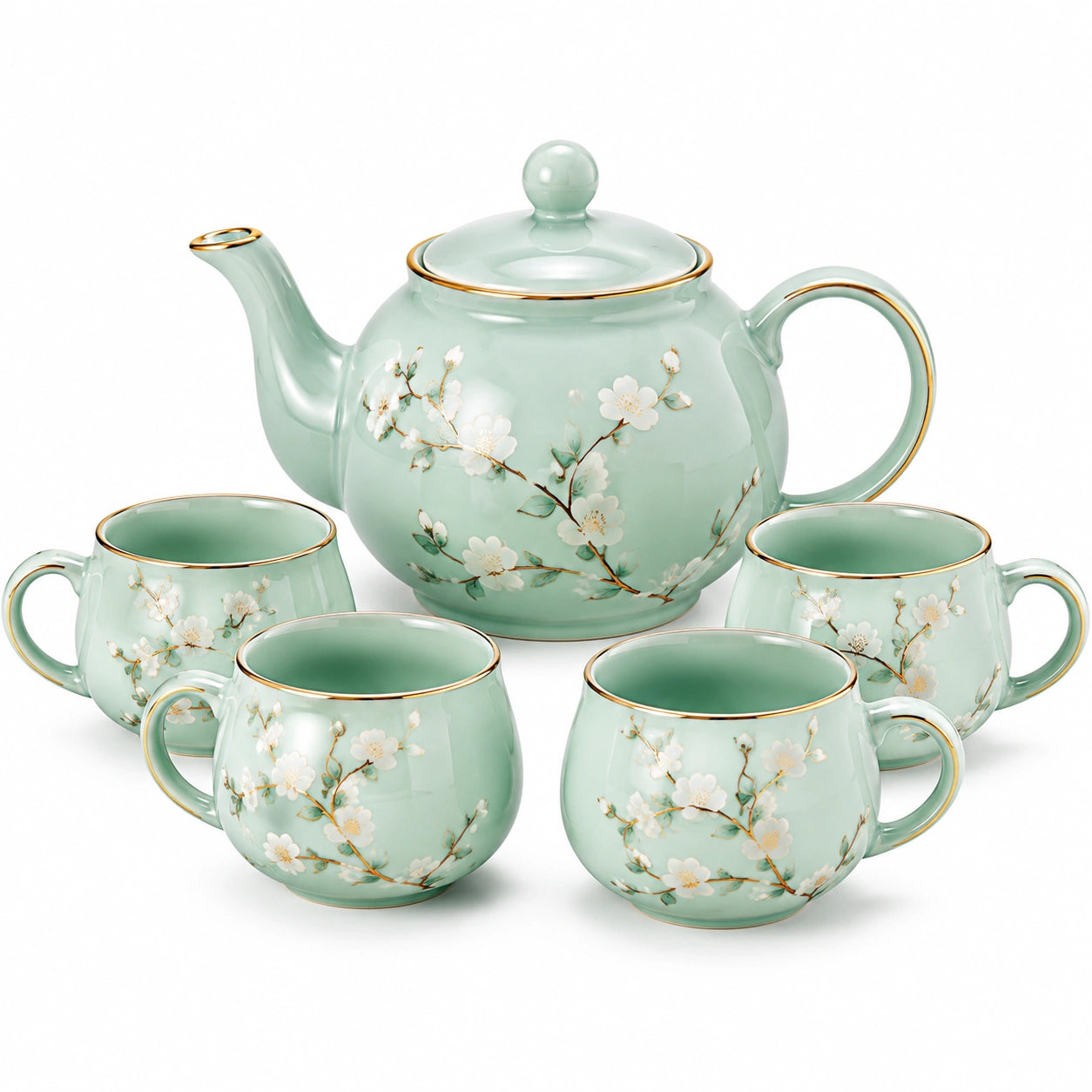 Set da tè in ceramica 5 pezzi 900 ml verde con decoro floreale