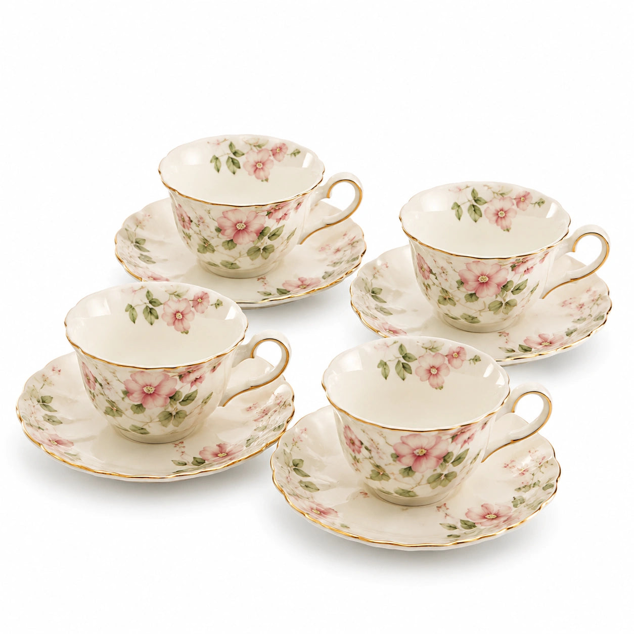 Set tazze da tè in porcellana 4 persone 200 ml avorio rosa floreale con piattini stile classico