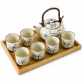 Servizio da tè 6 persone in ceramica avorio con vassoio in bambù e decoro floreale blu