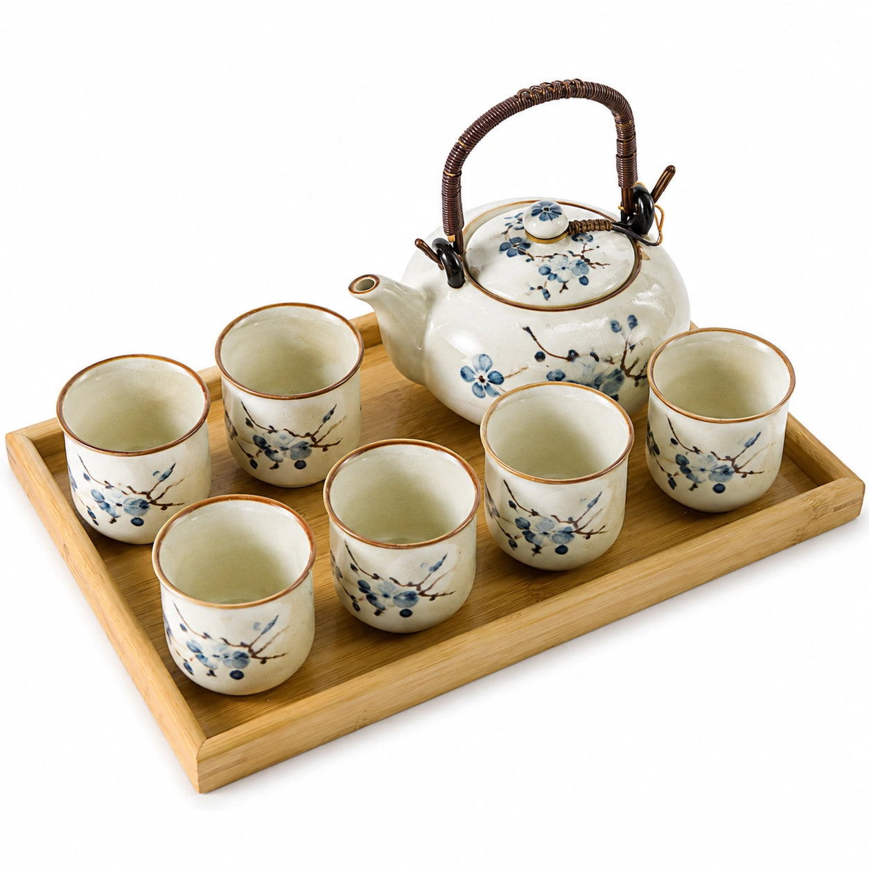Servizio da tè 6 persone in ceramica avorio con vassoio in bambù e decoro floreale blu