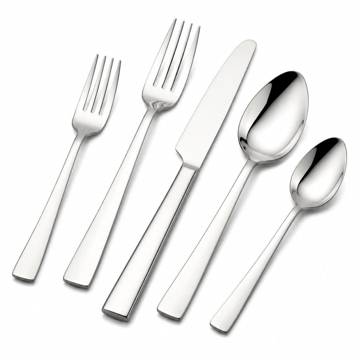 Set posate 5 pezzi in acciaio inox argento lucido per tavola stile moderno