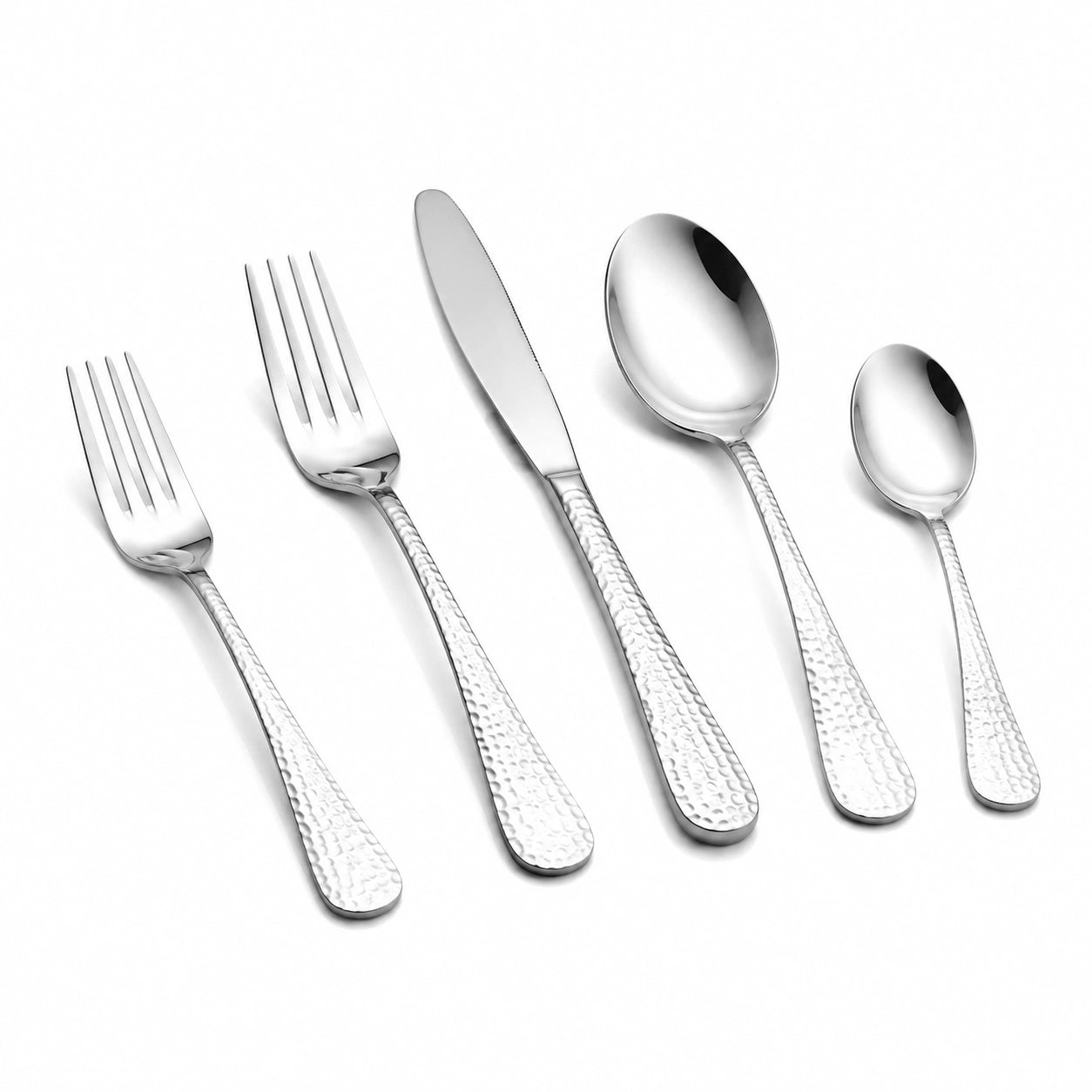 Set posate 5 pezzi 22 cm in acciaio inox argento con manico martellato