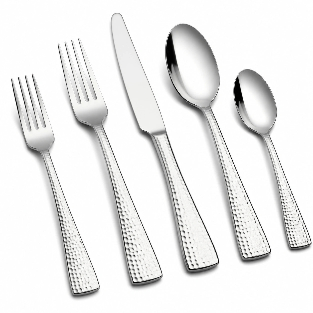 Set di posate 5 pezzi 16-23 cm in acciaio inox argento con manici martellati