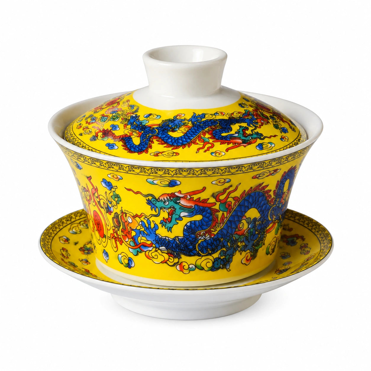 Tazza da tè con coperchio in porcellana 150 ml gialla decorata con drago - stile tradizionale