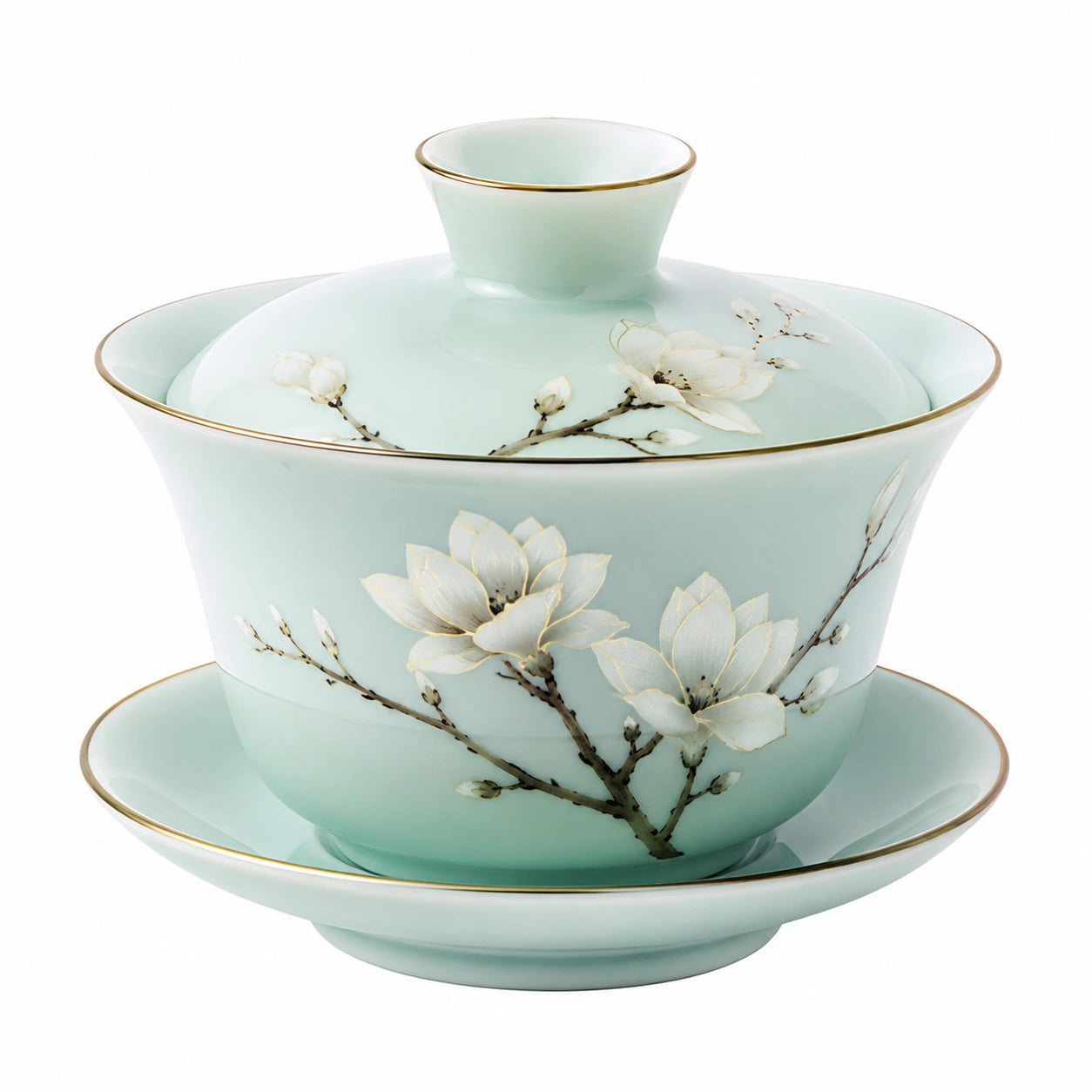 Tazza Gaiwan in Porcellana 150 ml Verde Acqua con Piattino per Tè Stile Floreale
